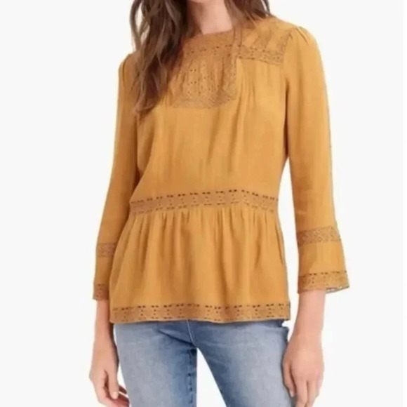 J. CREW POINT SUR Size 6 Mustard Yellow Long Sleeve Blouse Lace Peasant - Picture 2 of 7